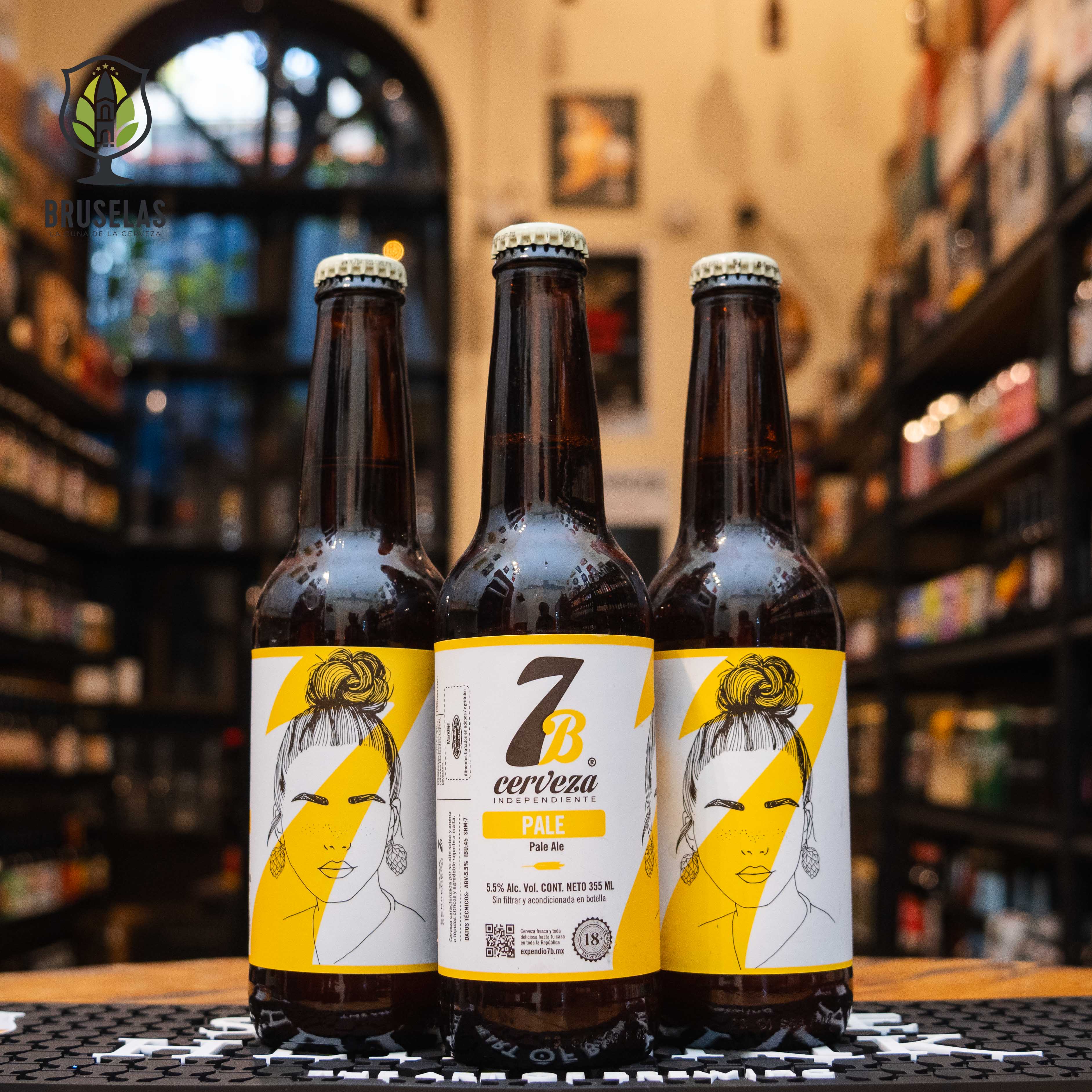 Botella de 7 Barrios Pale Ale, una cerveza artesanal de Cervecería 7 Barrios en San Luis Potosí. La etiqueta es blanca con detalles en amarillo, mostrando una ilustración de una mujer. ABV de 5.5%, con un aroma floral y frutal, y un sabor suave con un final seco. Ideal para maridar con pizzas, carnes rojas y quesos. El diseño refleja el carácter artesanal y moderno de esta cerveza.