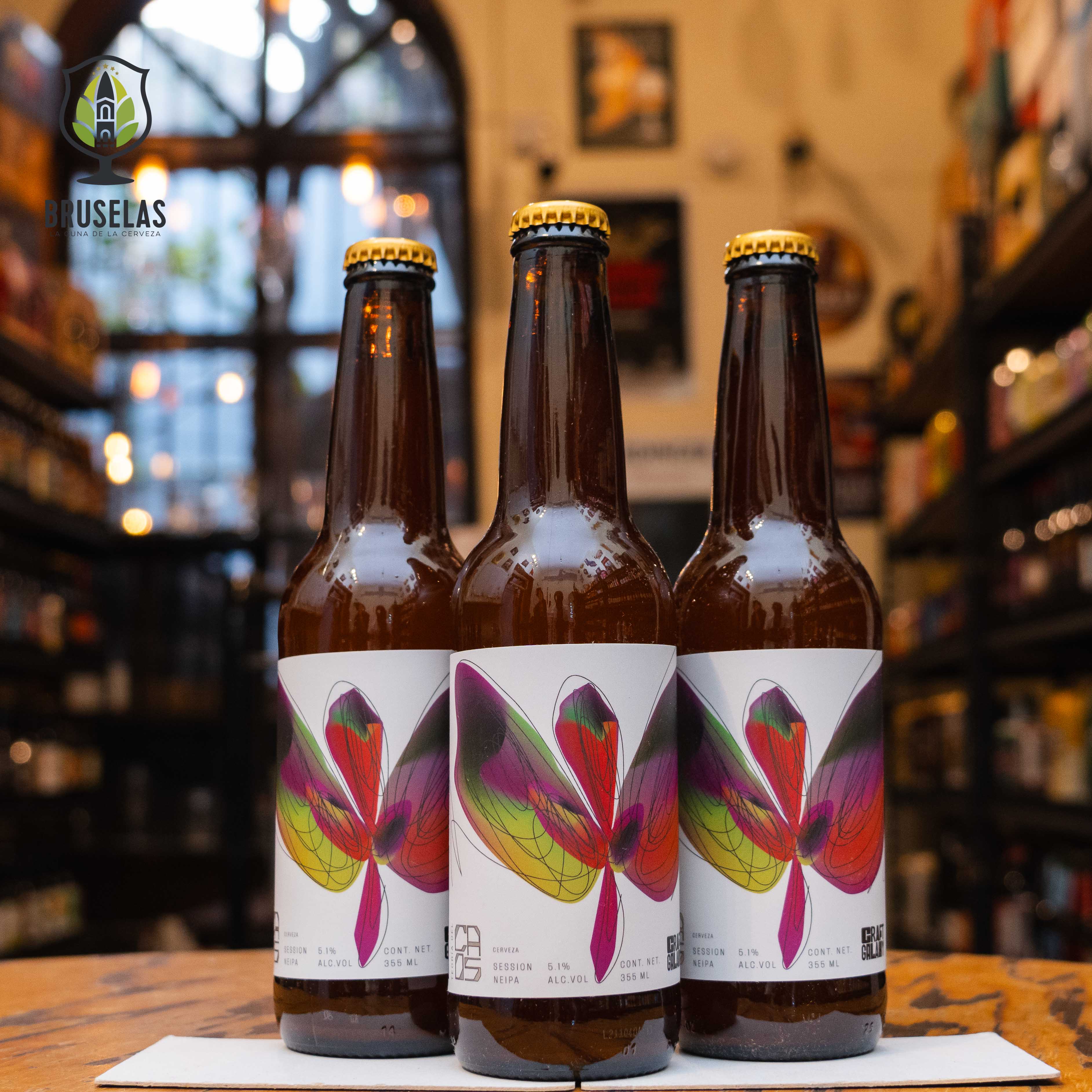 Botella de Principia Teoría del Caos, una Session NEIPA de Cervecería Principia con un ABV de 4.5%. Ofrece aromas de frutas tropicales como mango, naranja y lichi. Su sabor es ligero y refrescante, con un amargor moderado y un final suave. Ideal para maridar con tacos al pastor, comida Thai o disfrutarla sola en cualquier ocasión. Refleja el caos controlado en una cerveza refrescante.